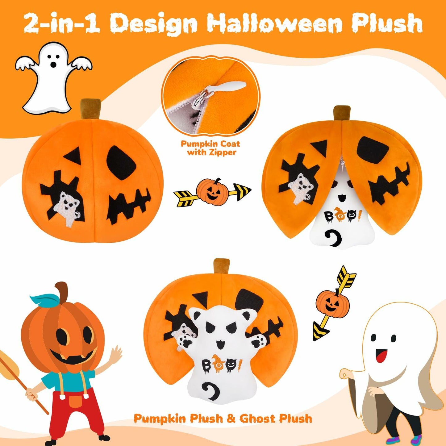 GEWUJATOP Halloween Pumpkin Plush Toy Orange 7in Ghost 5in Trick Treat