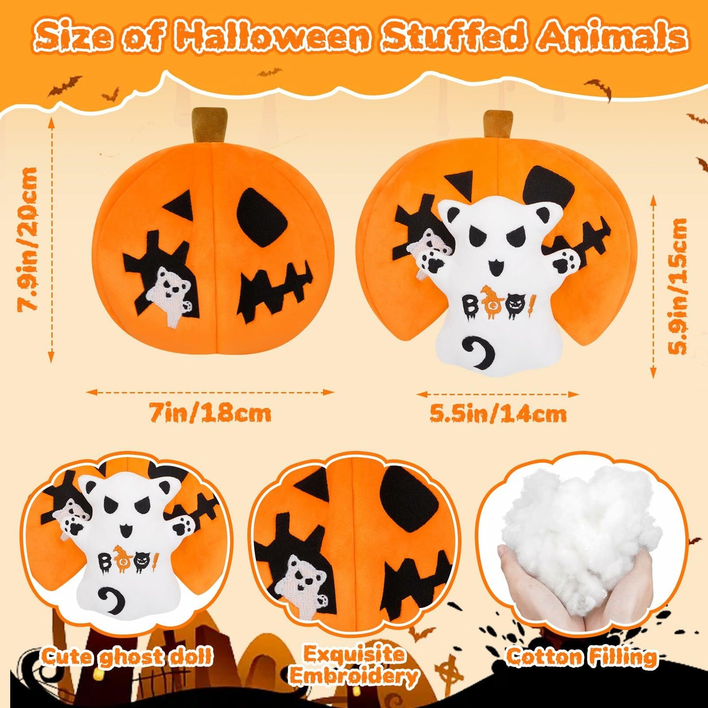 GEWUJATOP Halloween Pumpkin Plush Toy Orange 7in Ghost 5in Trick Treat