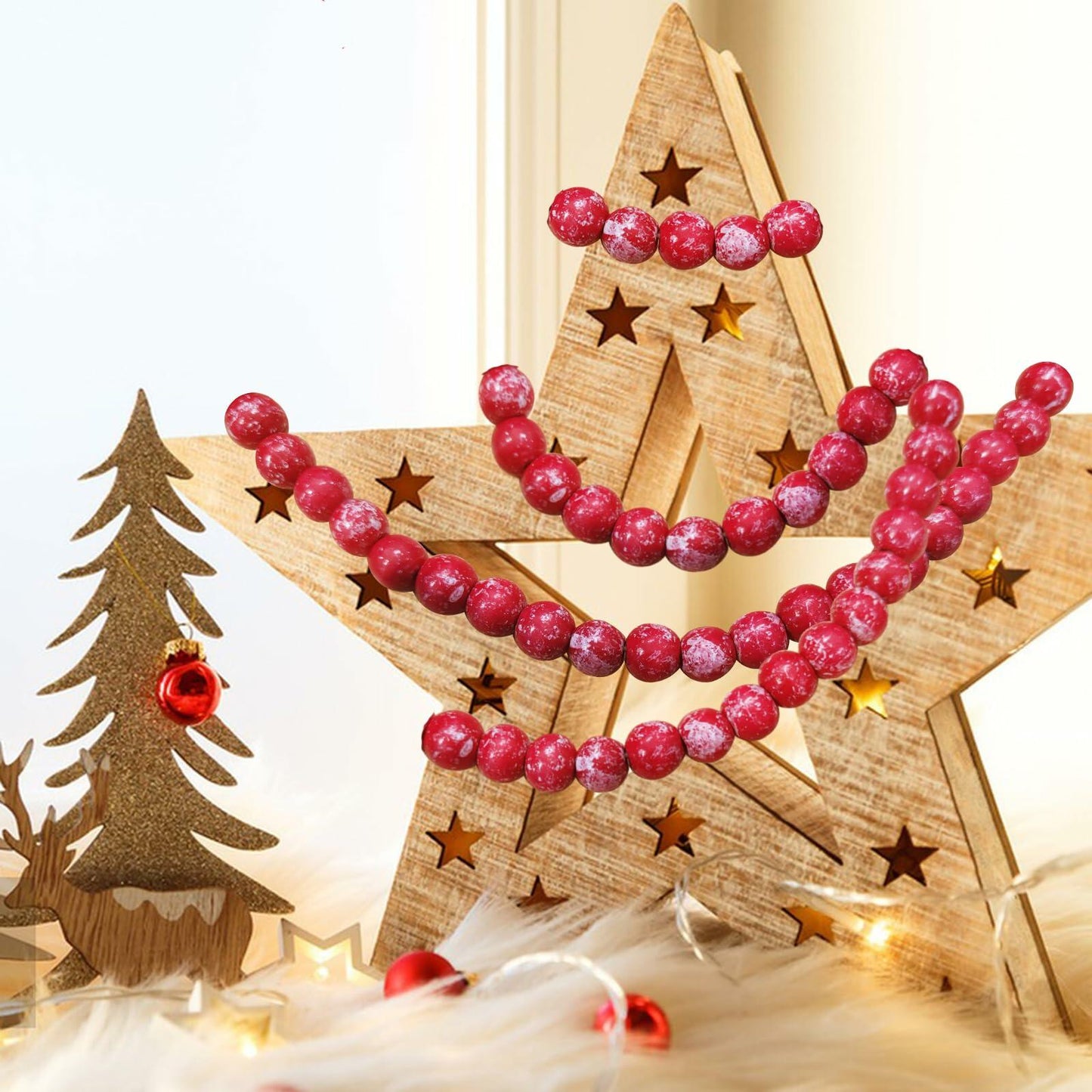 13ft Christmas Wood Bead Garland Red White Wooden Beads Xmas Tree Decor
