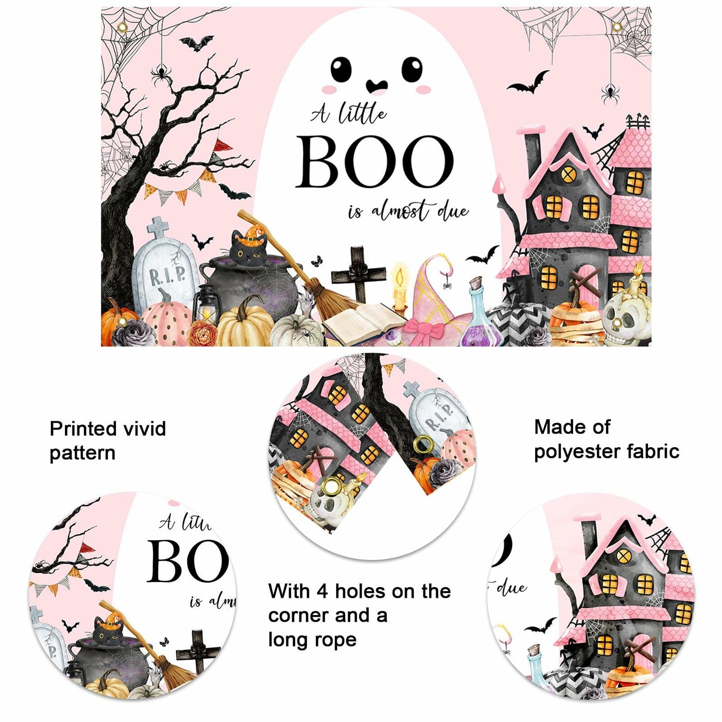 Mocsicka Little Boo Halloween Baby Shower Backdrop Banner Pink Black 70.8x43.3in