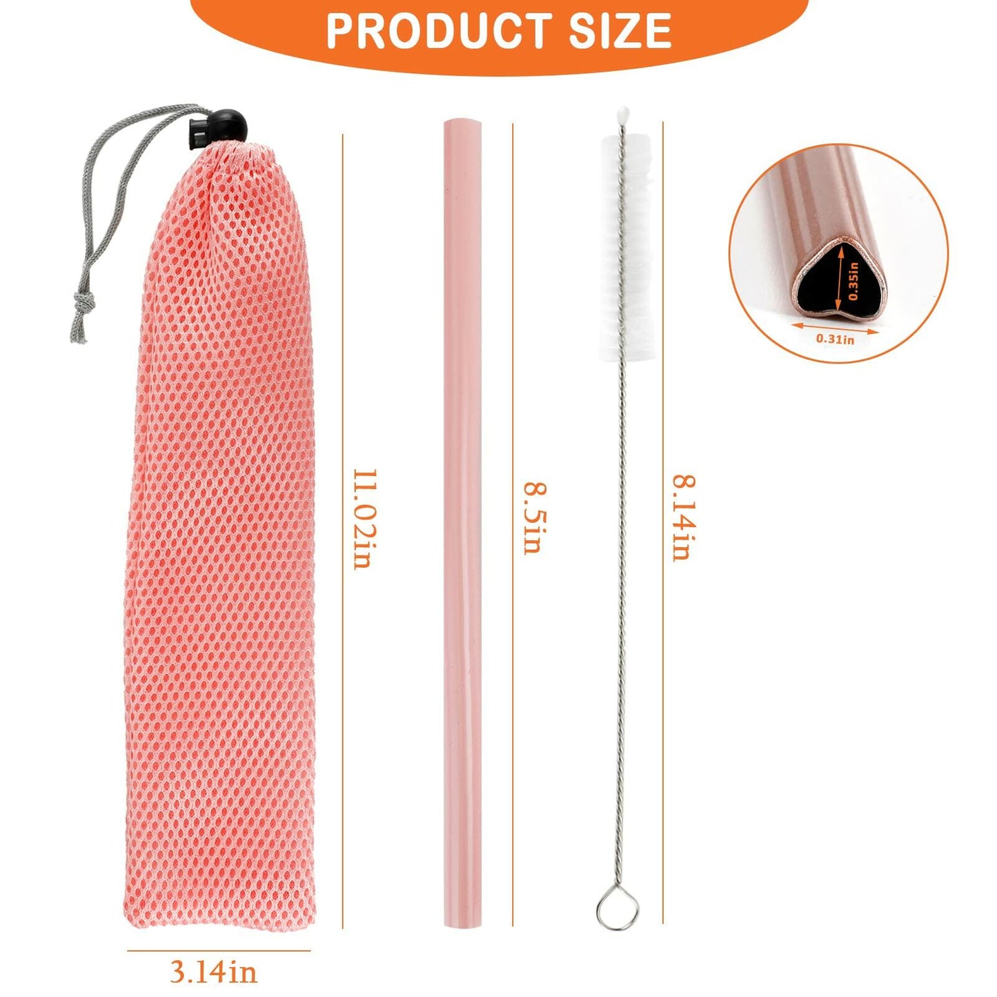 Fepibur 10Pcs Pink Heart Stainless Steel Straws with Silicone Tips & Brush