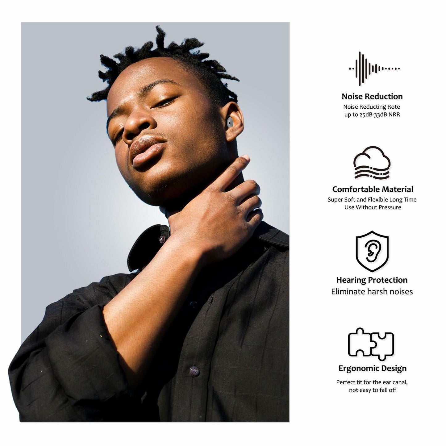 BNU Ear Plugs Noise Cancelling 25-35dB Reusable 2 Pairs S/M/L Black