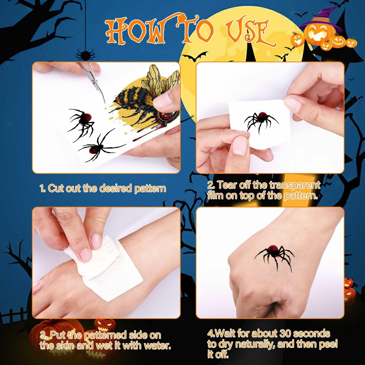 Halloween Temporary Tattoos 36 Sheets Scary Joker Pumpkin Skull Ghost Bats