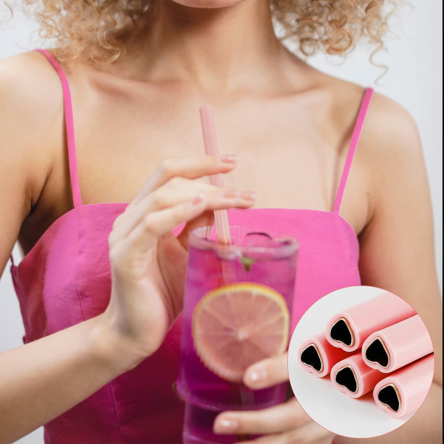 Fepibur 10Pcs Pink Heart Stainless Steel Straws with Silicone Tips & Brush