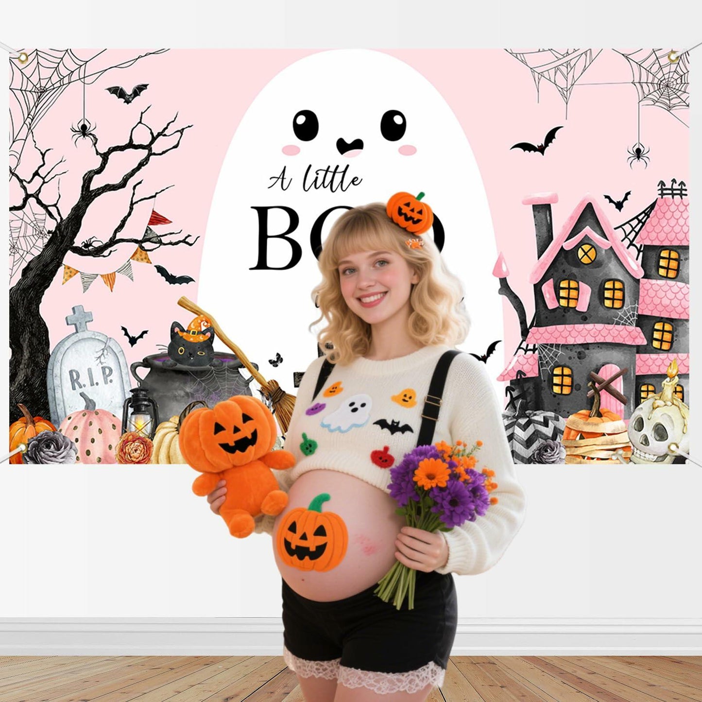 Mocsicka Little Boo Halloween Baby Shower Backdrop Banner Pink Black 70.8x43.3in