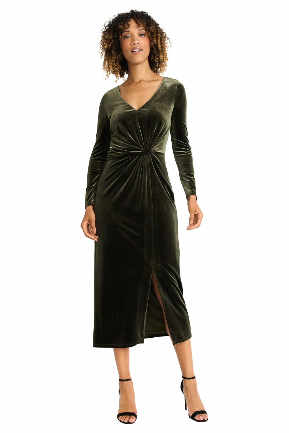 Maggy London Women's V Neck MIDI Dress Draped Knot Waist Slit Rosin Size M