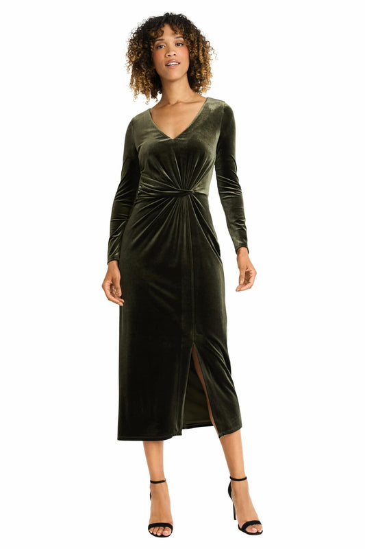 Maggy London Women's V Neck MIDI Dress Draped Knot Waist Slit Rosin Size M