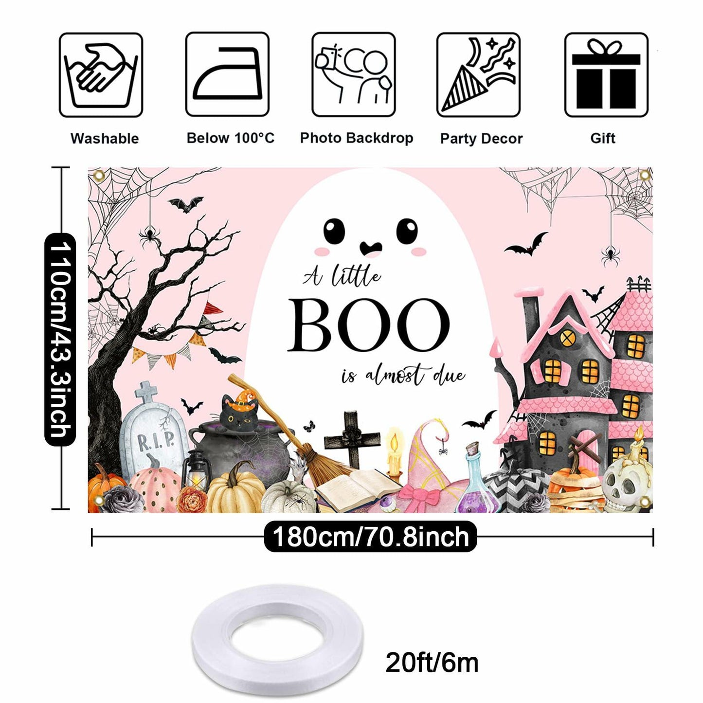 Mocsicka Little Boo Halloween Baby Shower Backdrop Banner Pink Black 70.8x43.3in
