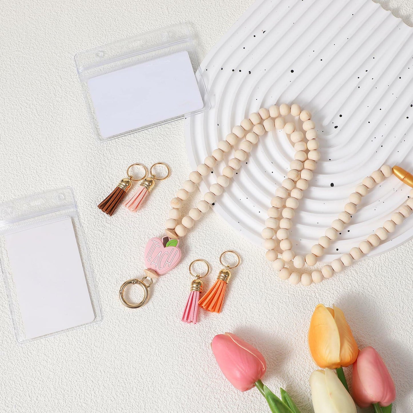 Bremorou Teacher Lanyard with ID Holder, Pink Wooden Beaded Boho Tassel