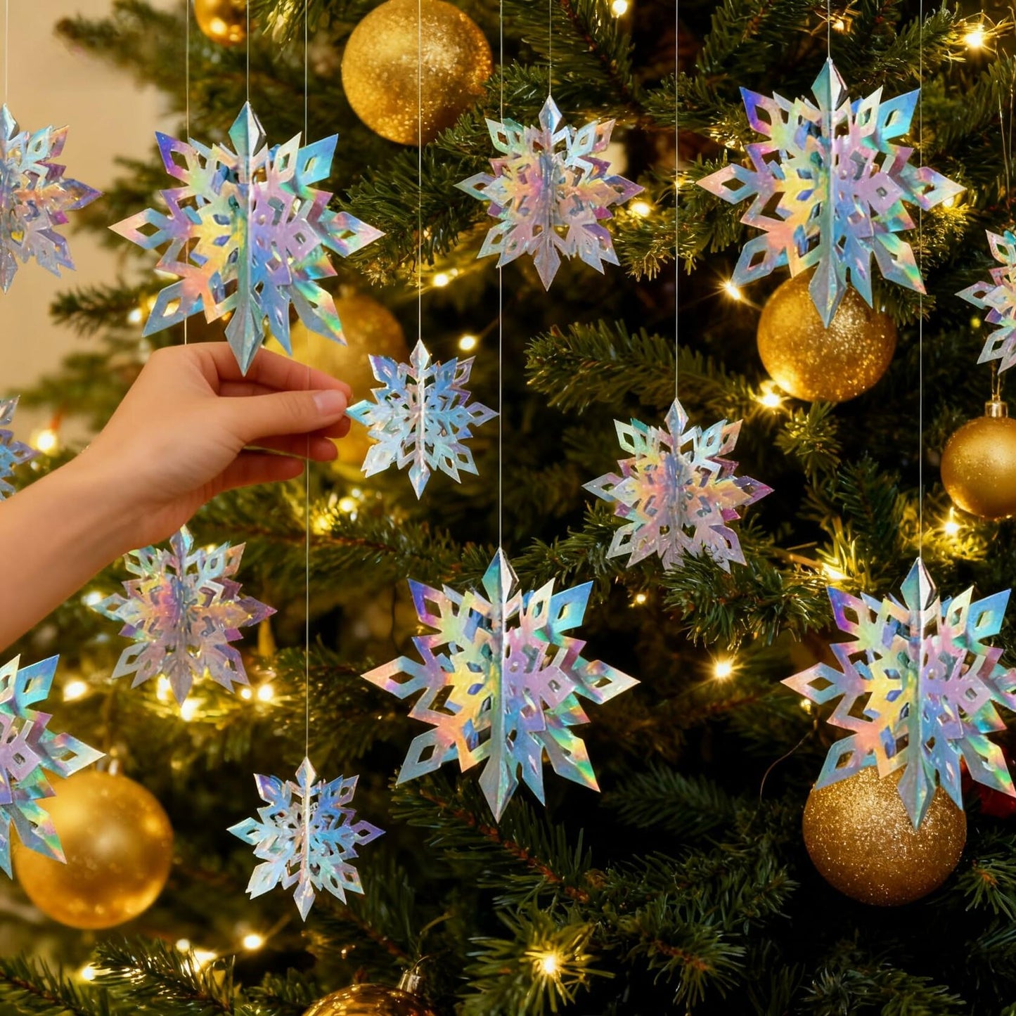 Geegoods 18PCS 3D Holographic Iridescent Snowflake Garland Christmas Decor