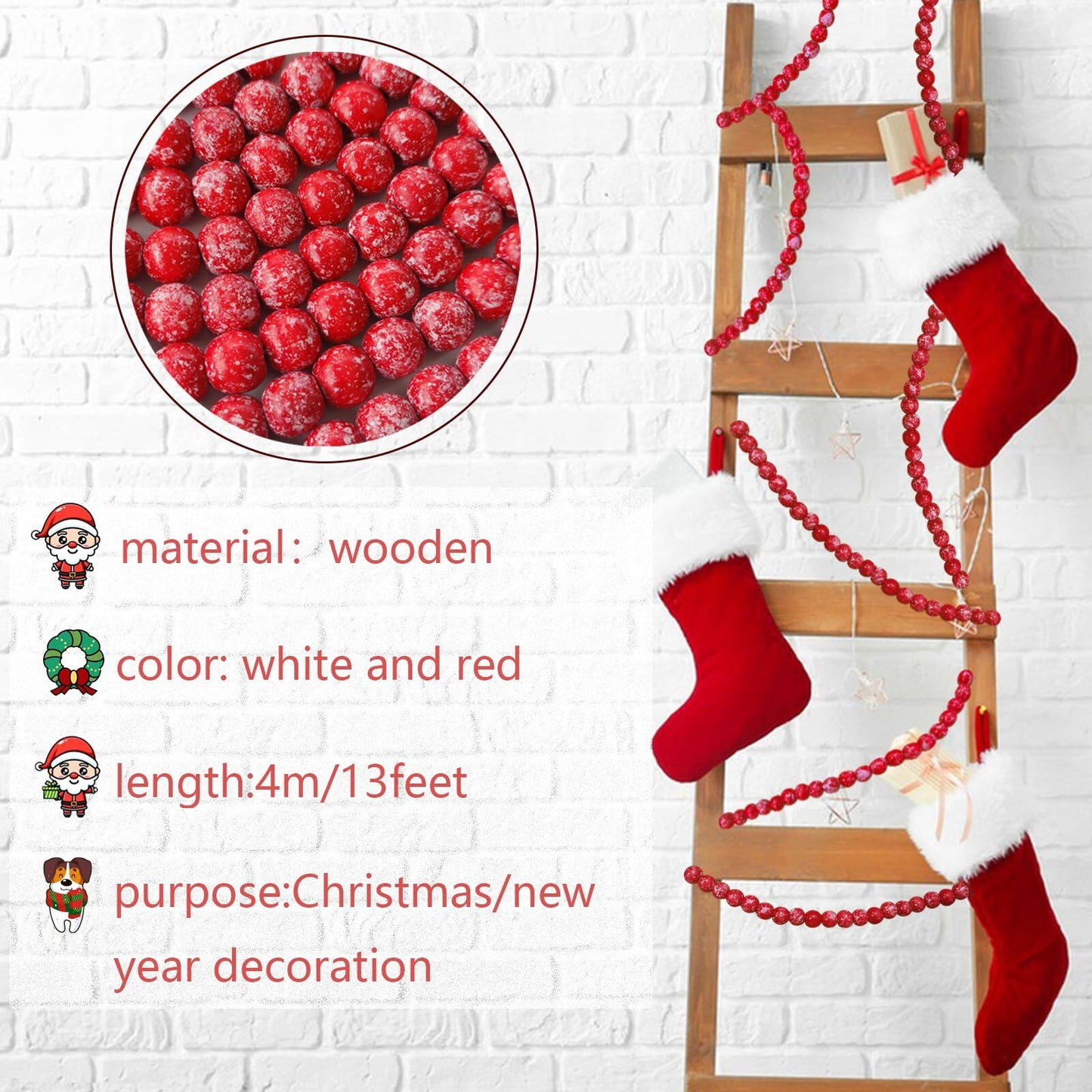 13ft Christmas Wood Bead Garland Red White Wooden Beads Xmas Tree Decor
