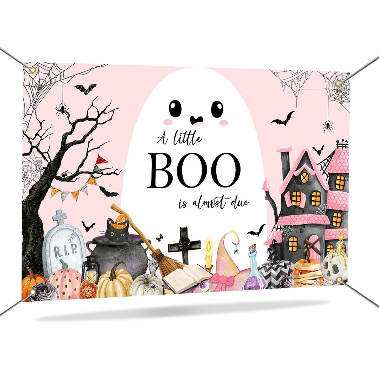 Mocsicka Little Boo Halloween Baby Shower Backdrop Banner Pink Black 70.8x43.3in