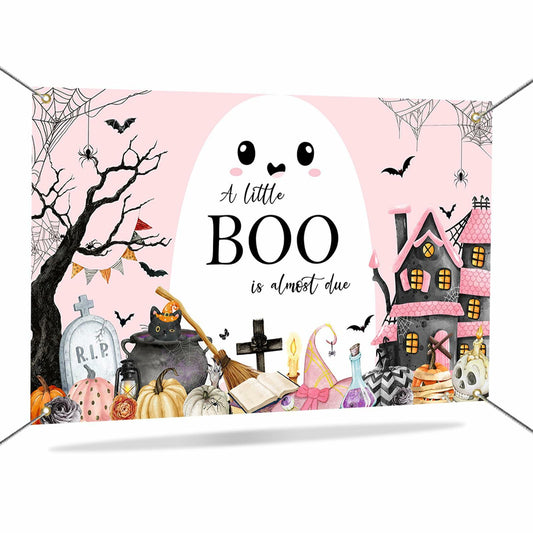 Mocsicka Little Boo Halloween Baby Shower Backdrop Banner Pink Black 70.8x43.3in