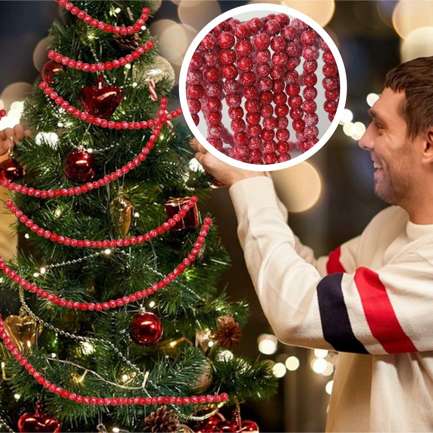 13ft Christmas Wood Bead Garland Red White Wooden Beads Xmas Tree Decor