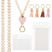 Bremorou Teacher Lanyard with ID Holder, Pink Wooden Beaded Boho Tassel