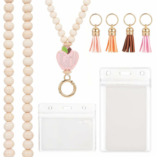 Bremorou Teacher Lanyard with ID Holder, Pink Wooden Beaded Boho Tassel