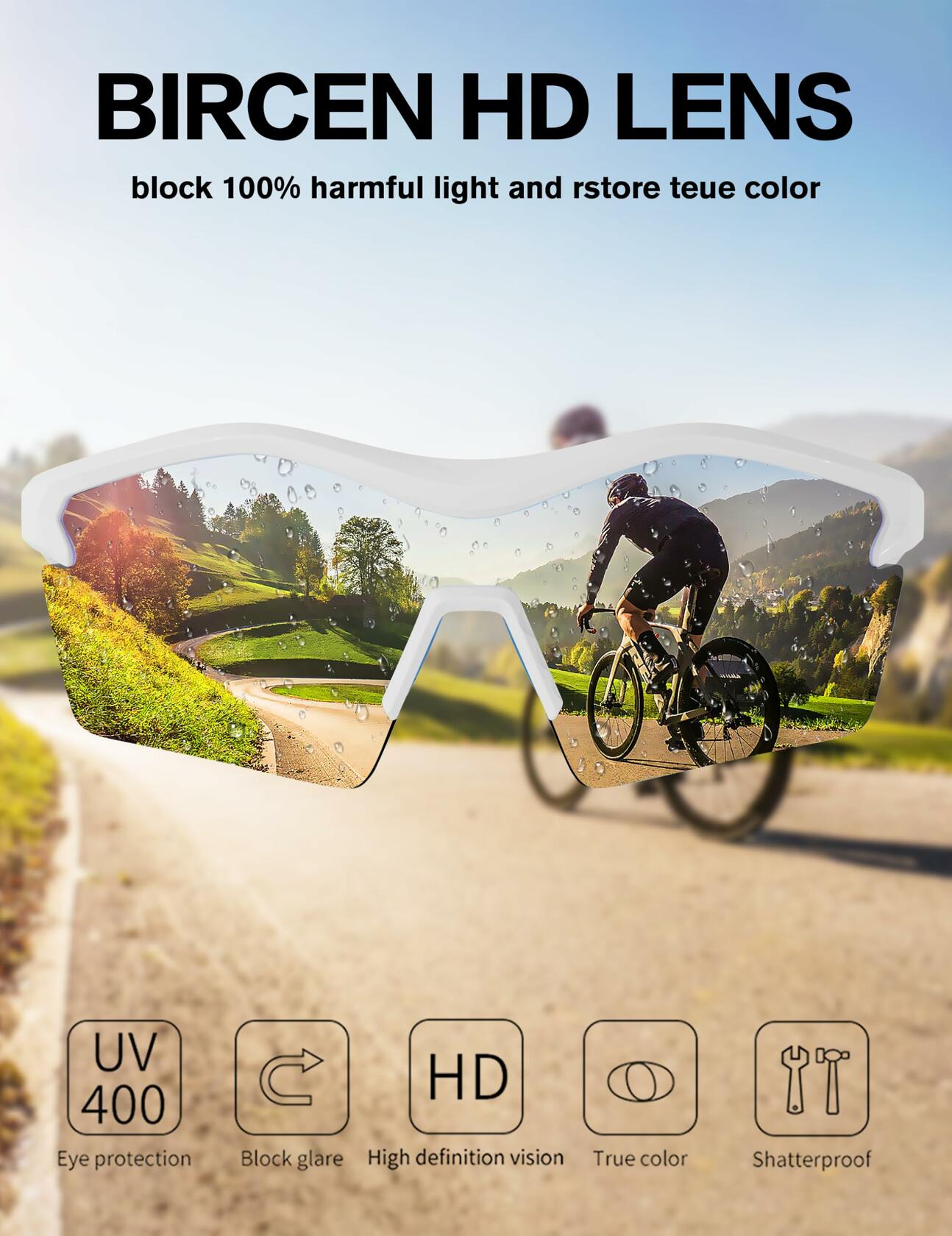 BIRCEN Baseball Cycling Sunglasses Men Women MTB Sports Blue Lens White Frame