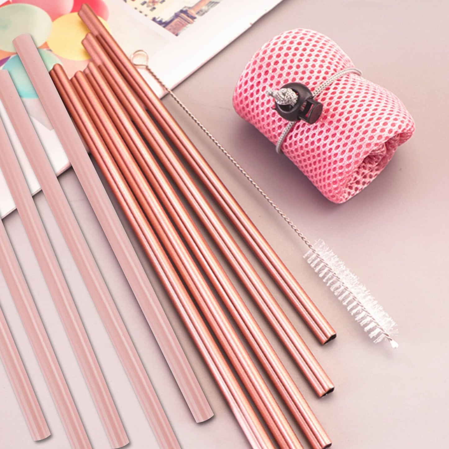 Fepibur 10Pcs Pink Heart Stainless Steel Straws with Silicone Tips & Brush