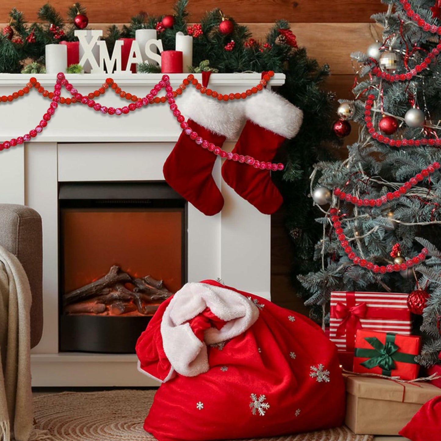 13ft Christmas Wood Bead Garland Red White Wooden Beads Xmas Tree Decor