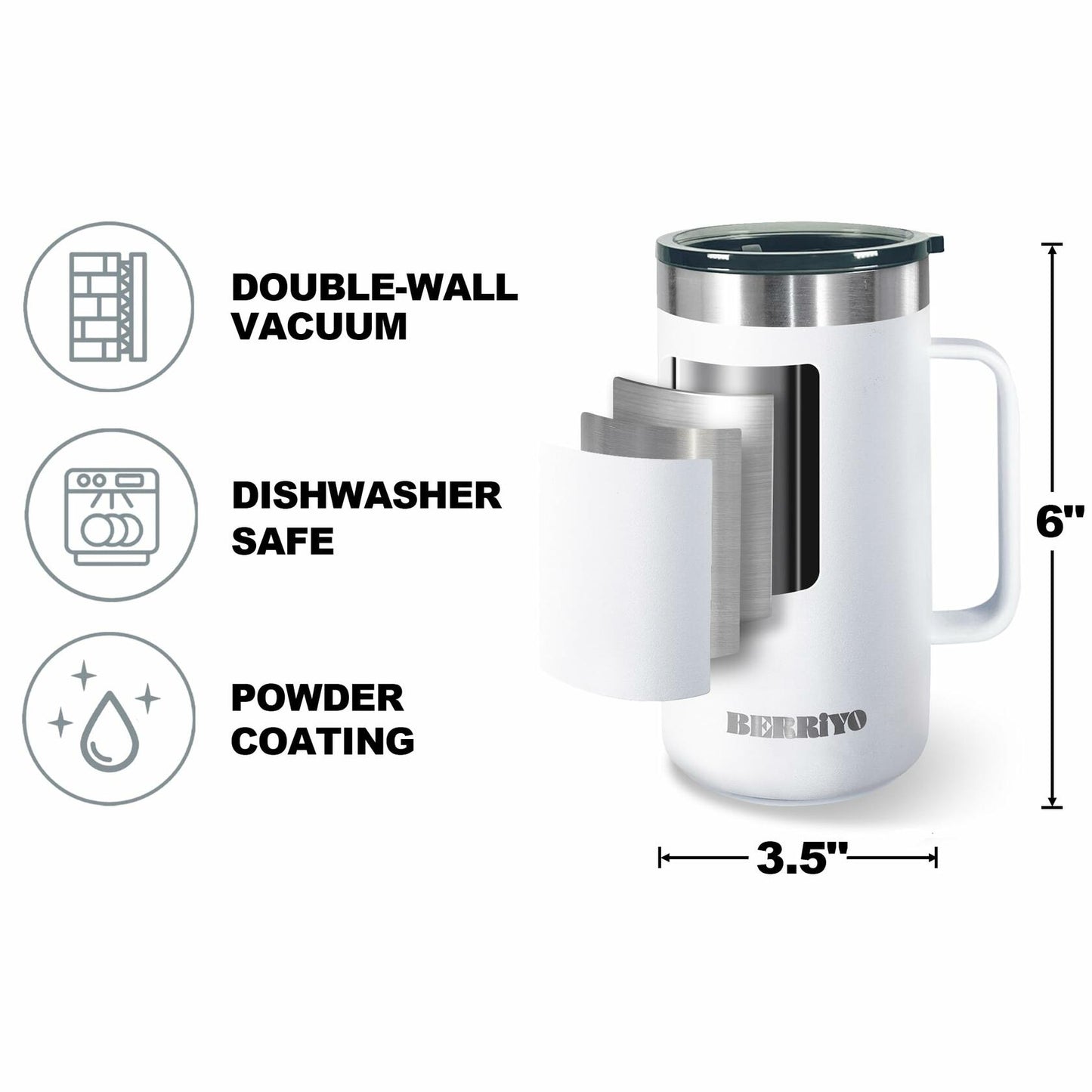 Berriyo 22oz Stainless Steel Insulated Coffee Mug w/ Handle & Sliding Lid Black