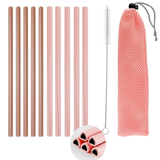 Fepibur 10Pcs Pink Heart Stainless Steel Straws with Silicone Tips & Brush