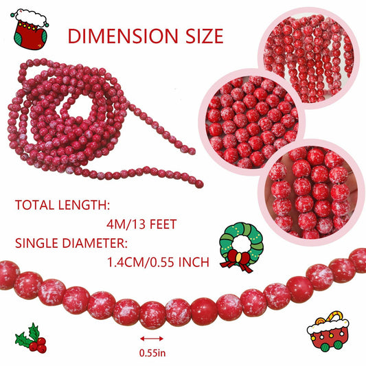 13ft Christmas Wood Bead Garland Red White Wooden Beads Xmas Tree Decor