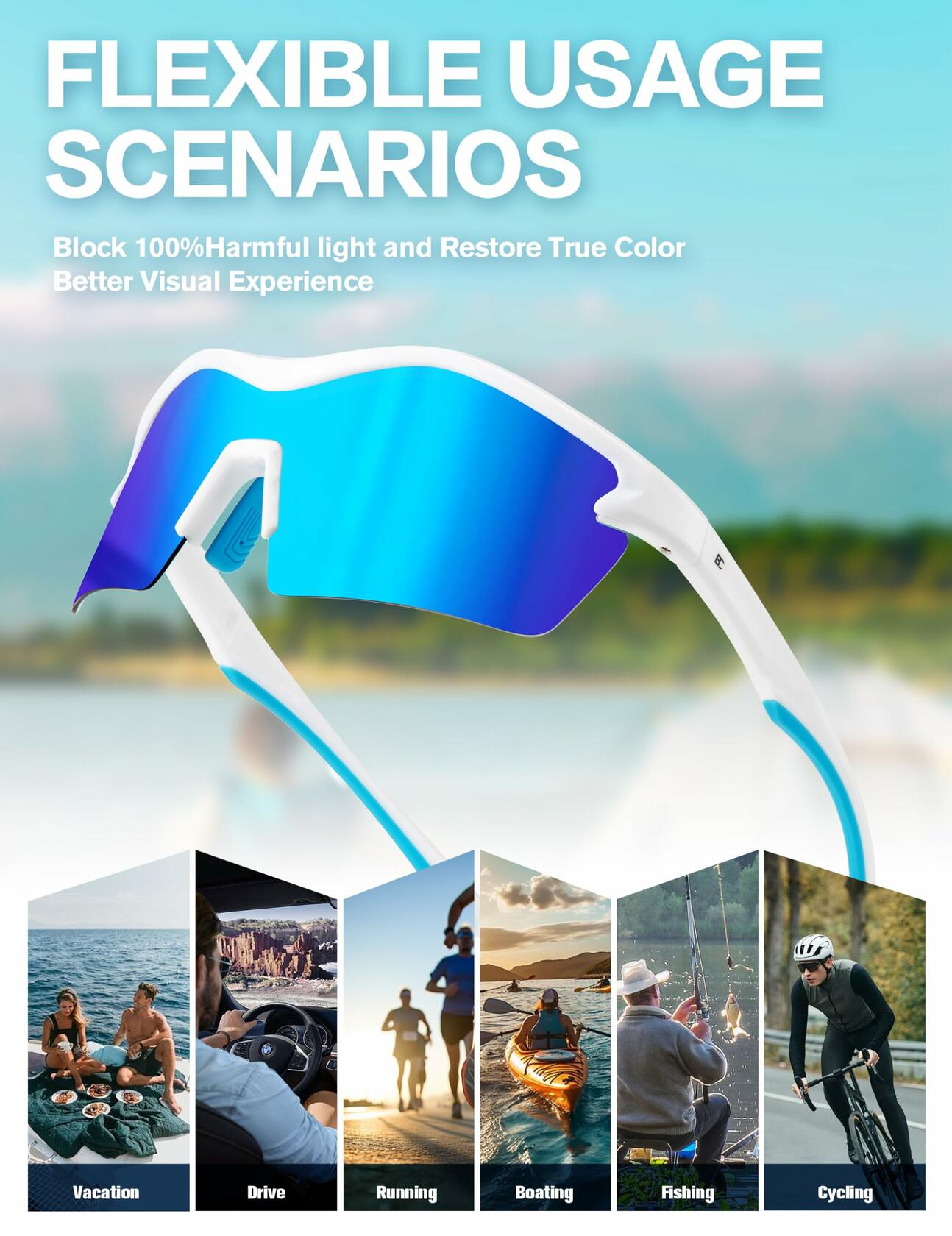 BIRCEN Baseball Cycling Sunglasses Men Women MTB Sports Blue Lens White Frame