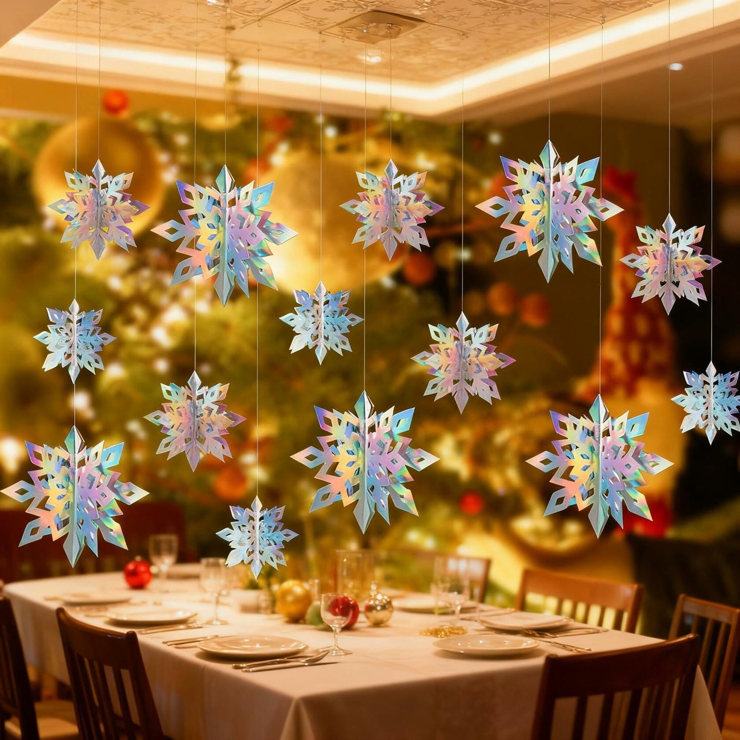 Geegoods 18PCS 3D Holographic Iridescent Snowflake Garland Christmas Decor