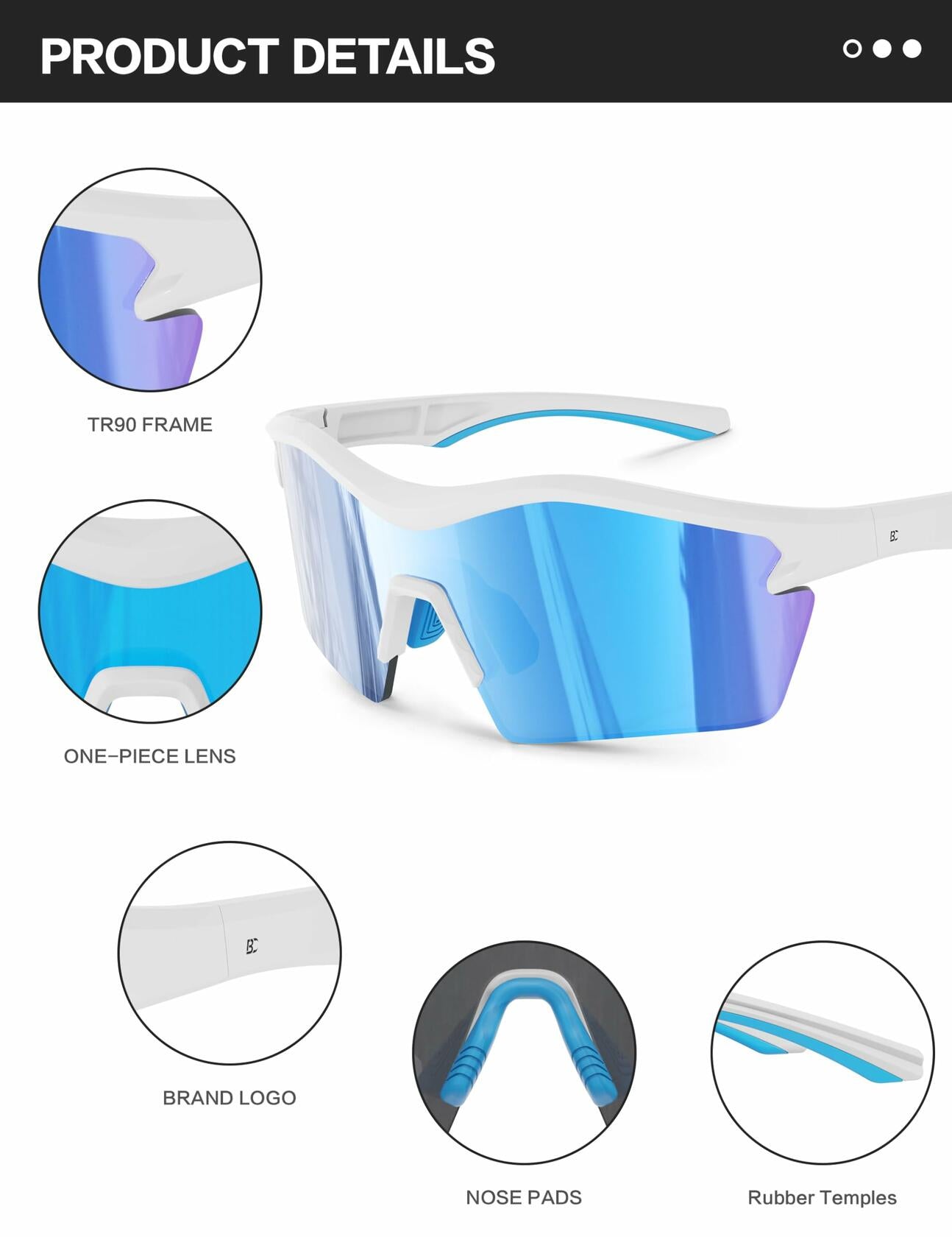 BIRCEN Baseball Cycling Sunglasses Men Women MTB Sports Blue Lens White Frame