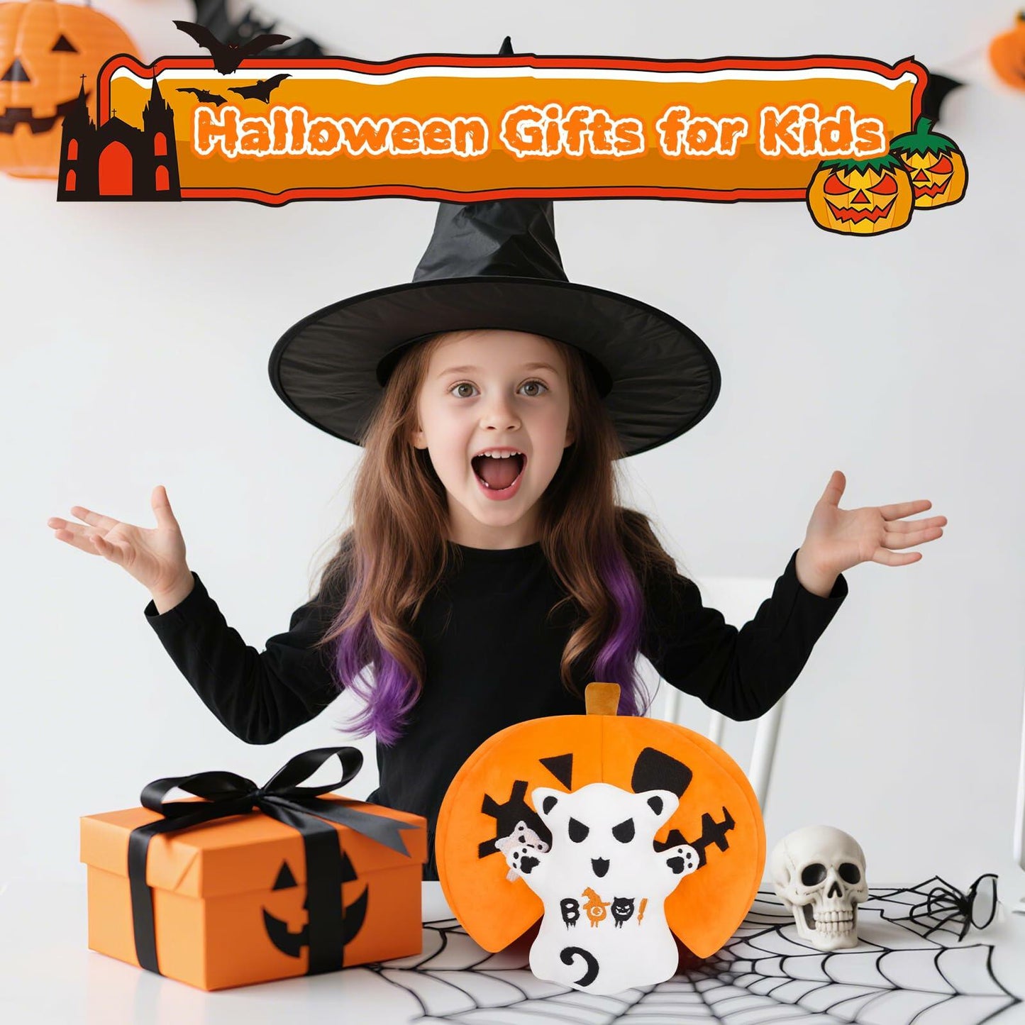 GEWUJATOP Halloween Pumpkin Plush Toy Orange 7in Ghost 5in Trick Treat