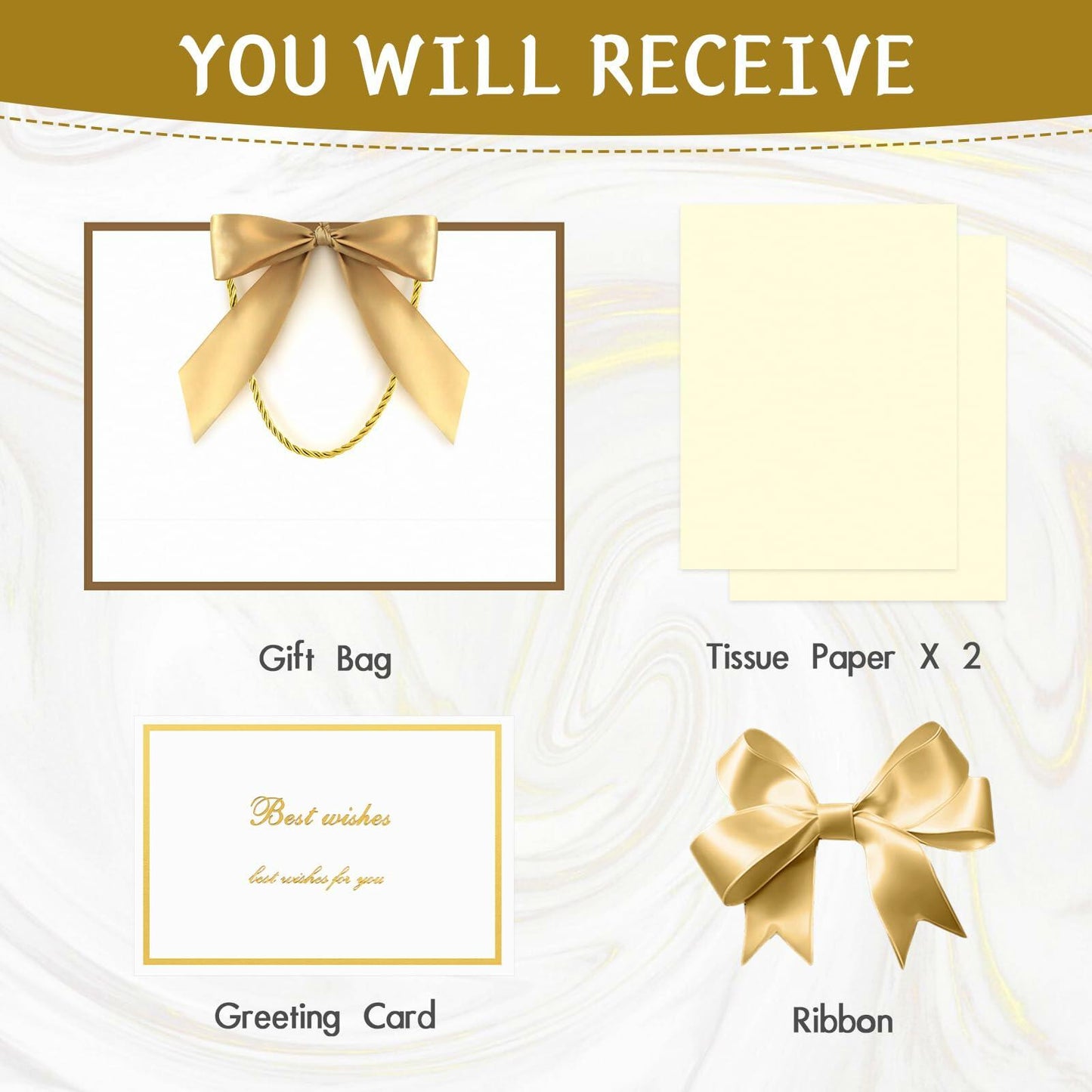 2PCS Medium Gift Bags with Tissue Paper Handle Bow Ribbon Golden White
