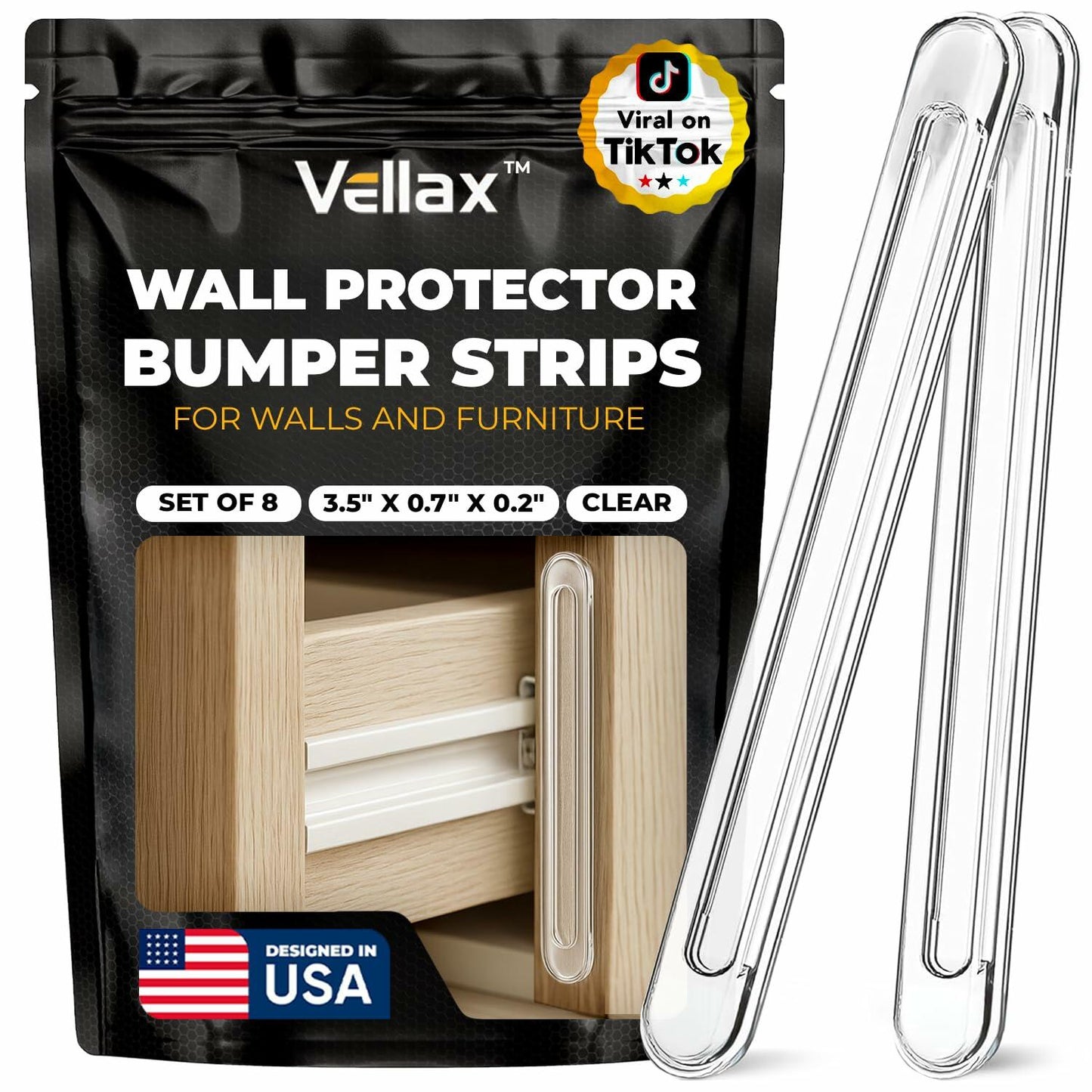 Vellax Clear Silicone Wall Protector Strips 3.5x0.7x0.2in 8 Count