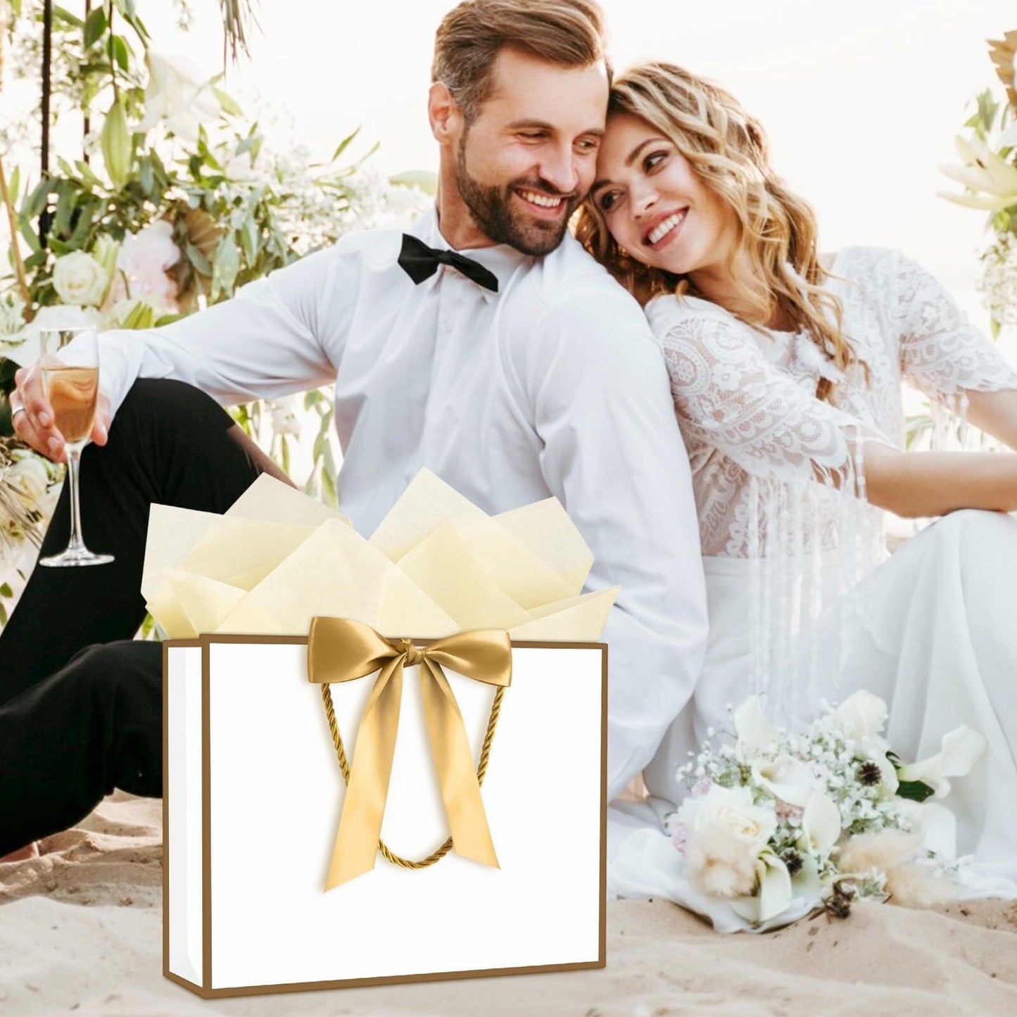 2PCS Medium Gift Bags with Tissue Paper Handle Bow Ribbon Golden White