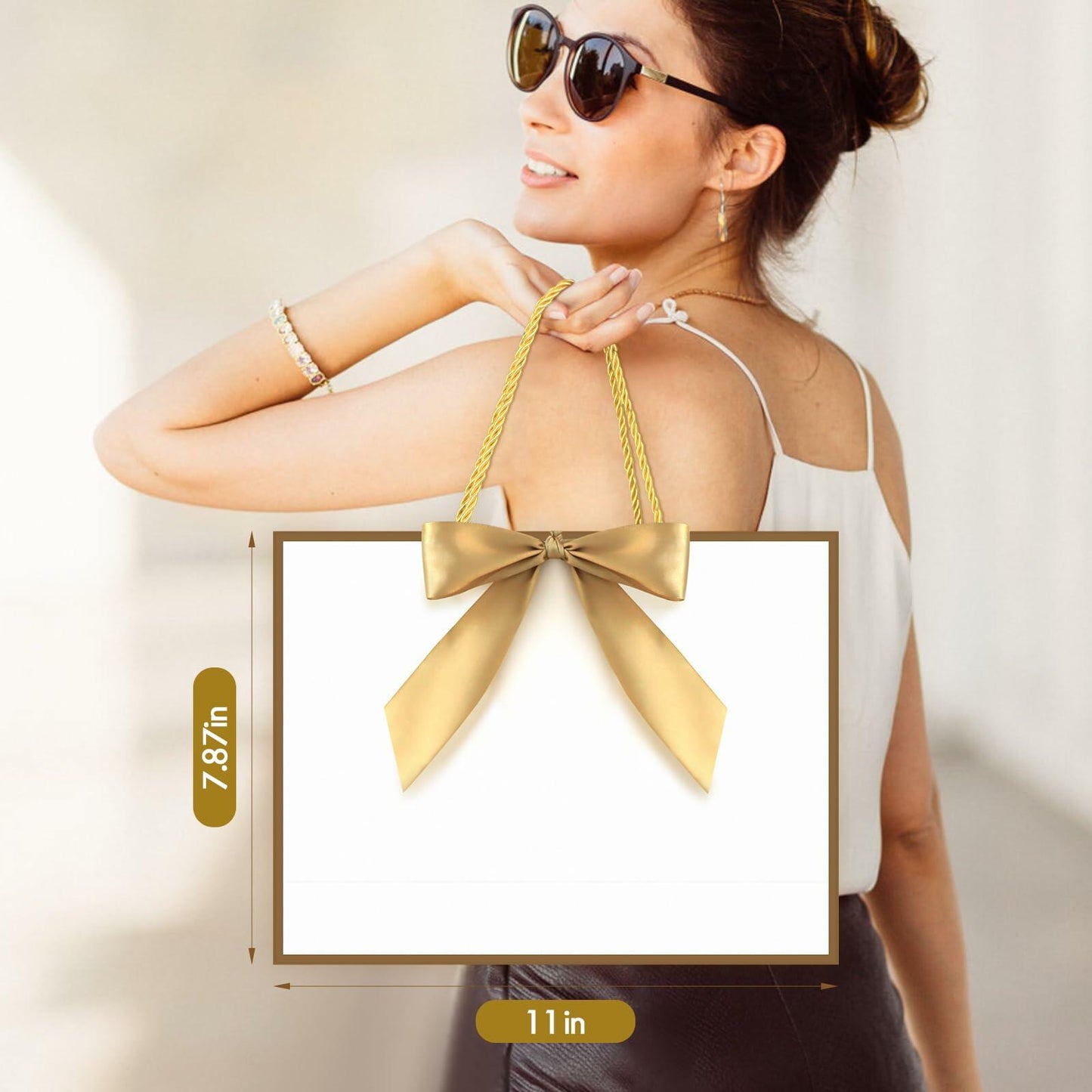 2PCS Medium Gift Bags with Tissue Paper Handle Bow Ribbon Golden White
