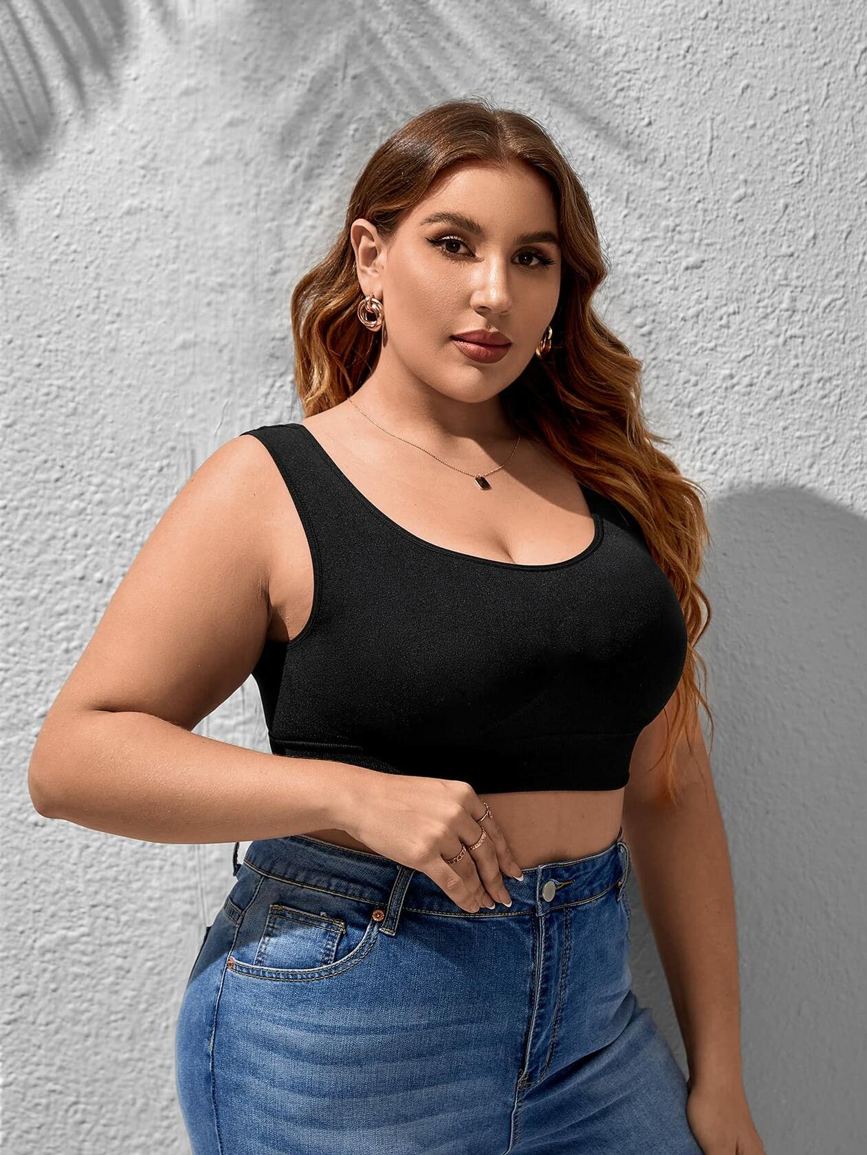 WDIRARA Women's Plus Size Bralette Scoop Neck Crop Cami Top Bra Blue 3XL