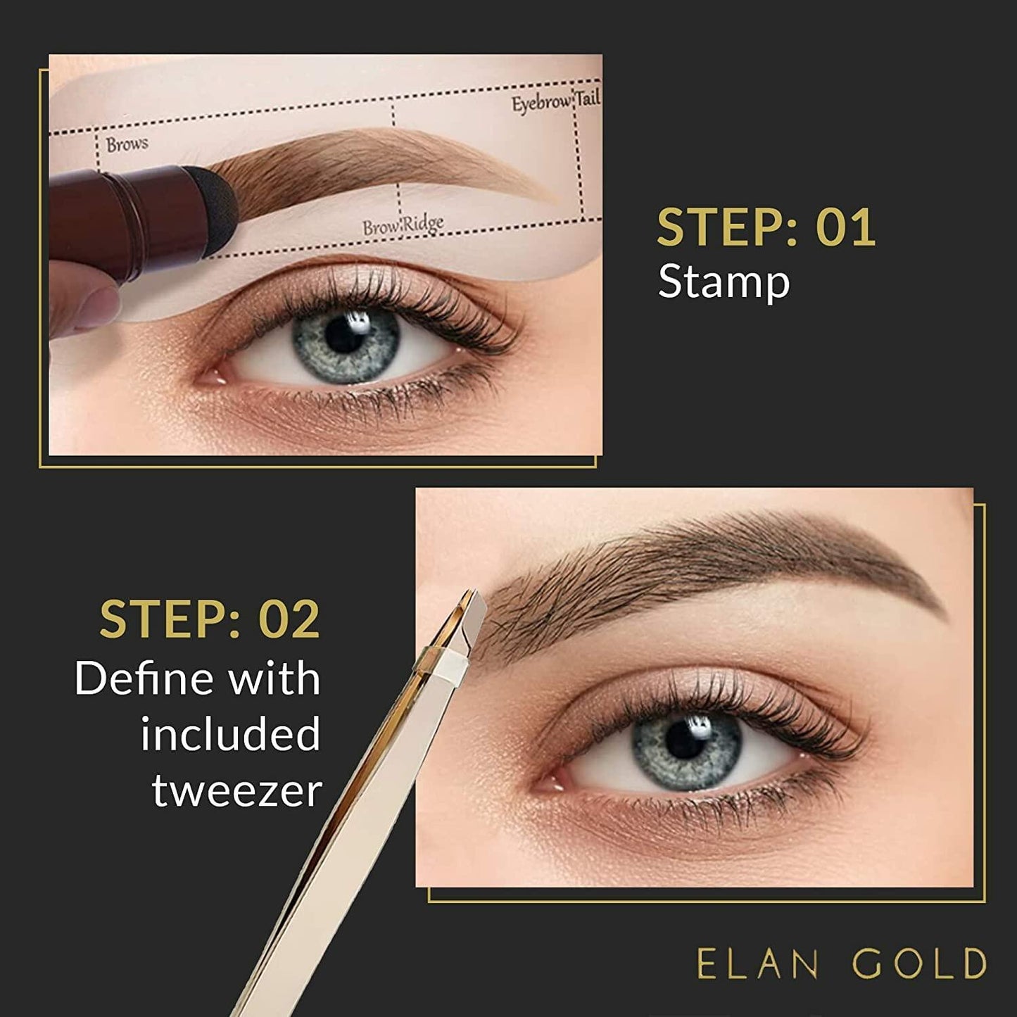 EGLD GOODLY Eyebrow Stamp Kit w/ Tweezer Waterproof Long-Lasting Nearly Black