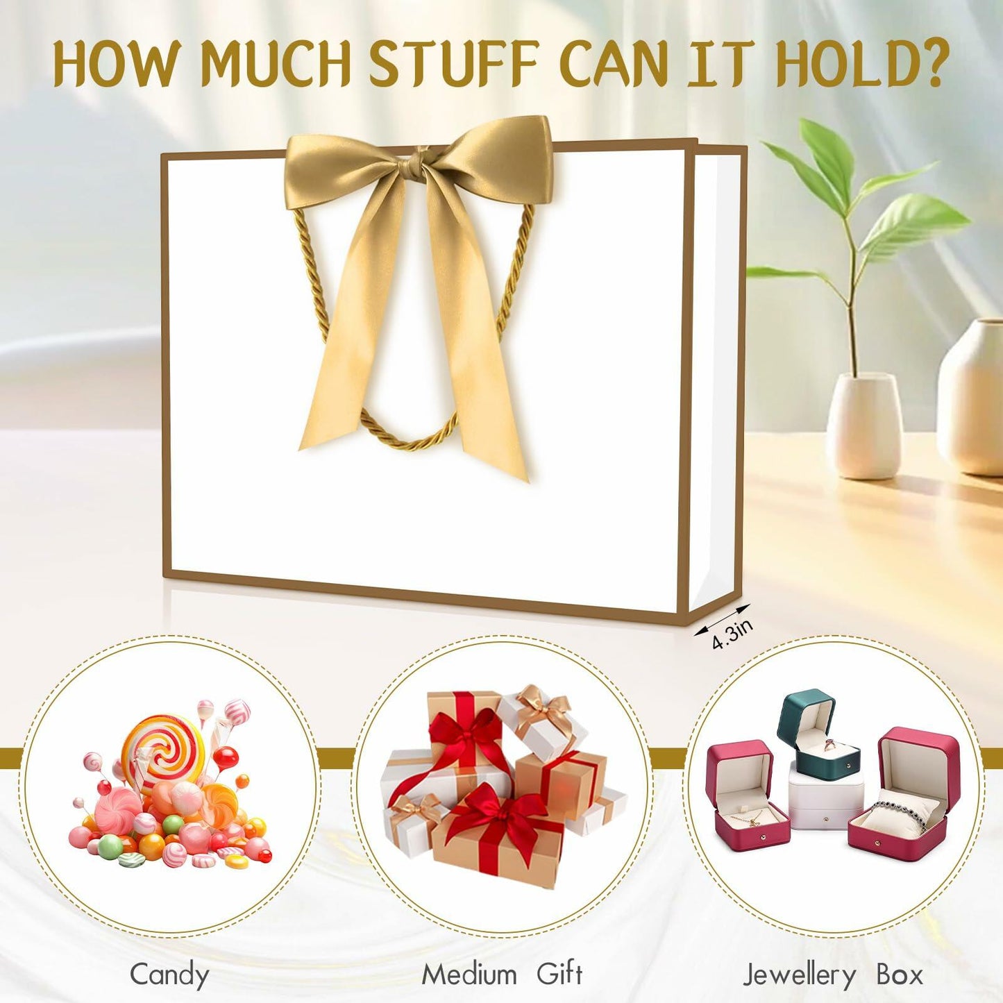 2PCS Medium Gift Bags with Tissue Paper Handle Bow Ribbon Golden White