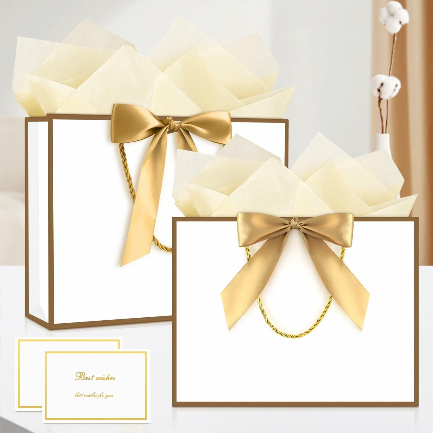 2PCS Medium Gift Bags with Tissue Paper Handle Bow Ribbon Golden White