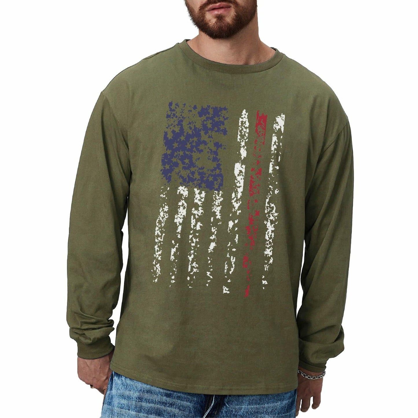 H HYFOL Men's 1776 Independence Day USA Flag Long Sleeve Tee White Size 4XL