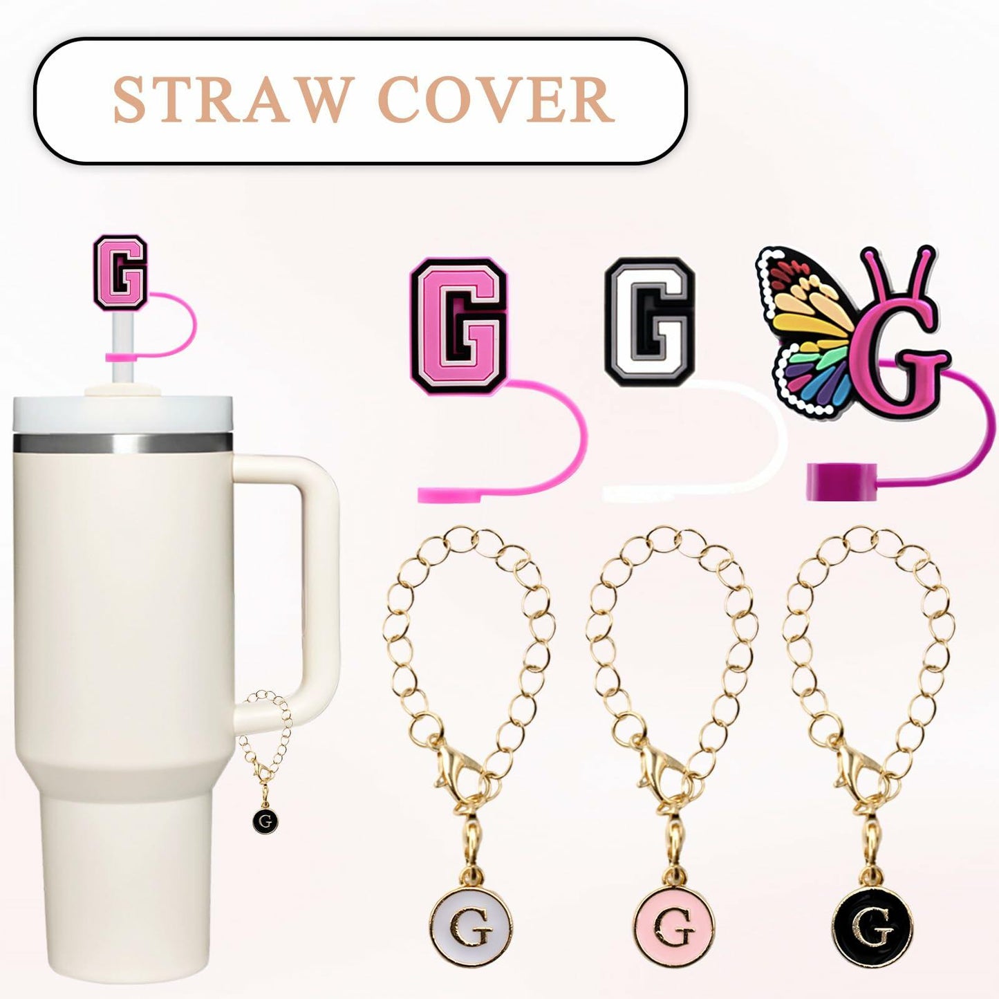 Stanley Cup Straw Covers 3-Pack with Personalized Initial Charms 30&40oz