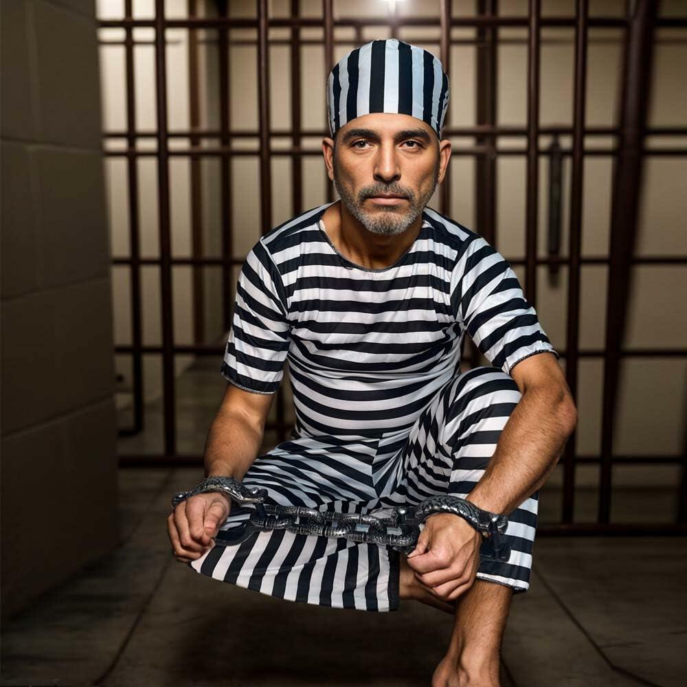 Cossneer Halloween Prisoner Costume Adult Striped Outfit with Chains One Size
