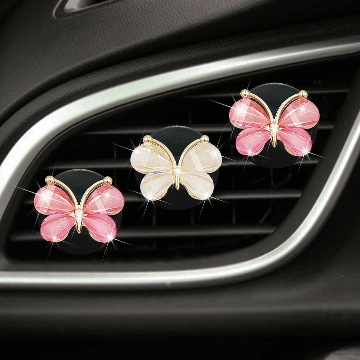 Cute Butterfly Air Vent Clips 3 Pcs Pink White Car Fresheners Diffuser