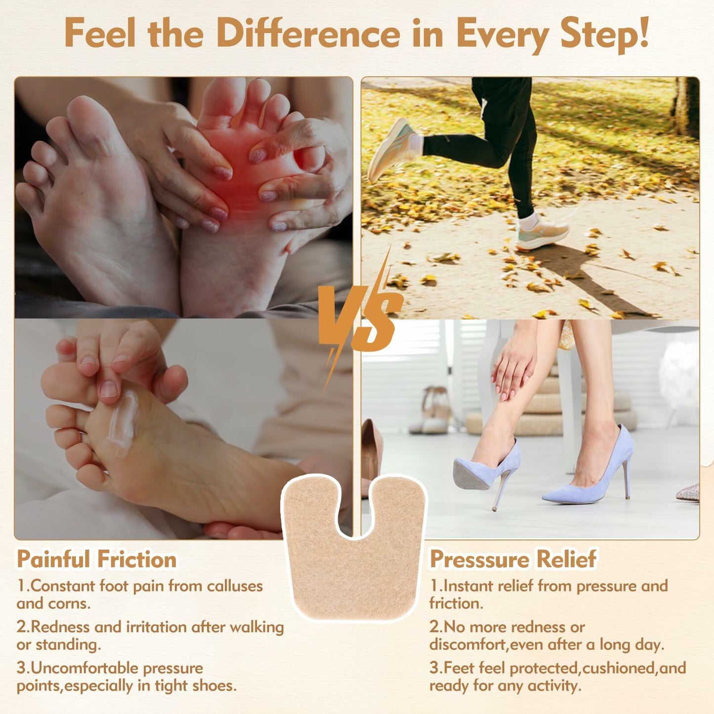 HiShutiao 24 Pcs U-Shaped Felt Callus Pads Beige Self Adhesive Foot Pain Relief