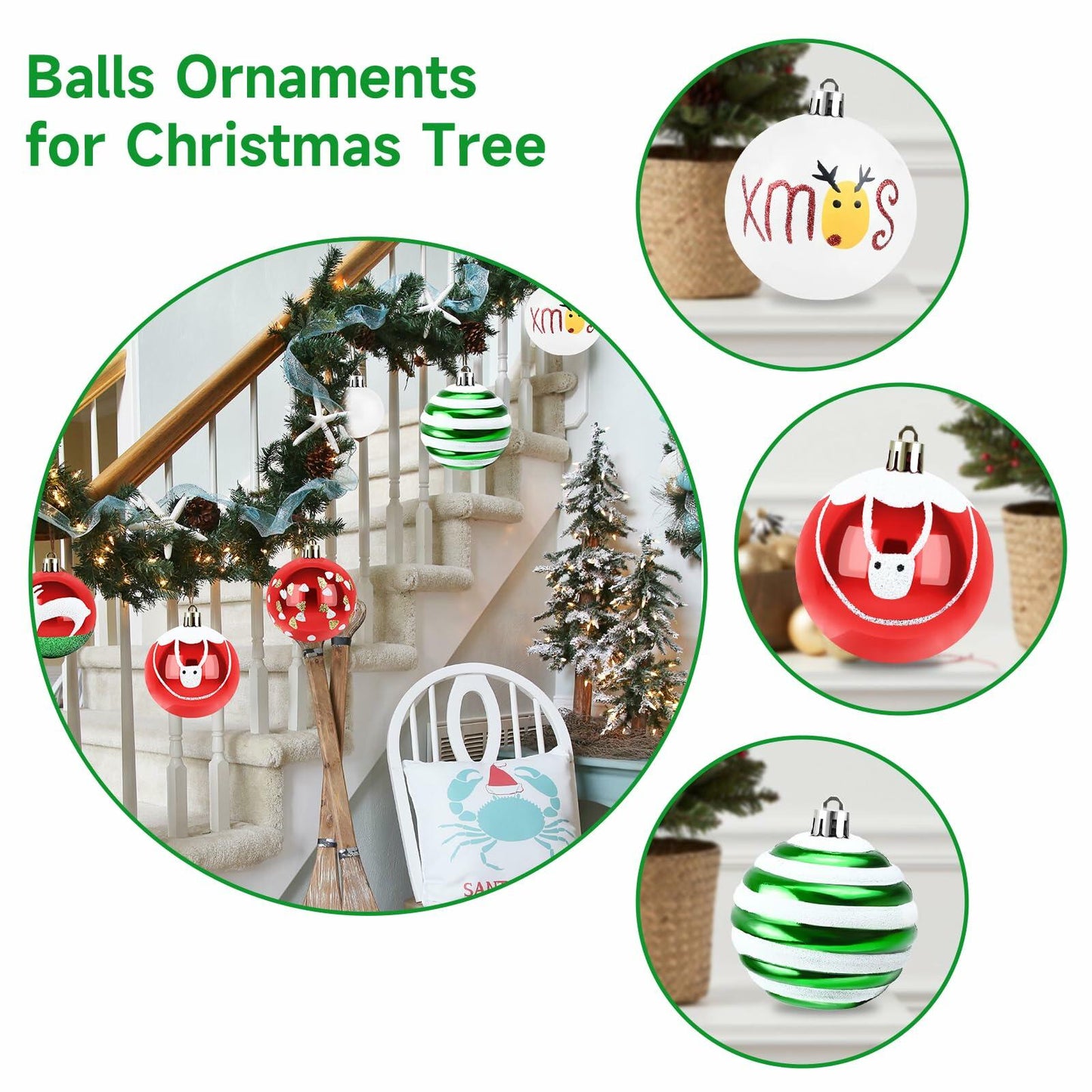yintok Christmas Ornaments Balls 37ct 2.36" & 1.18" Red Green White Xmas