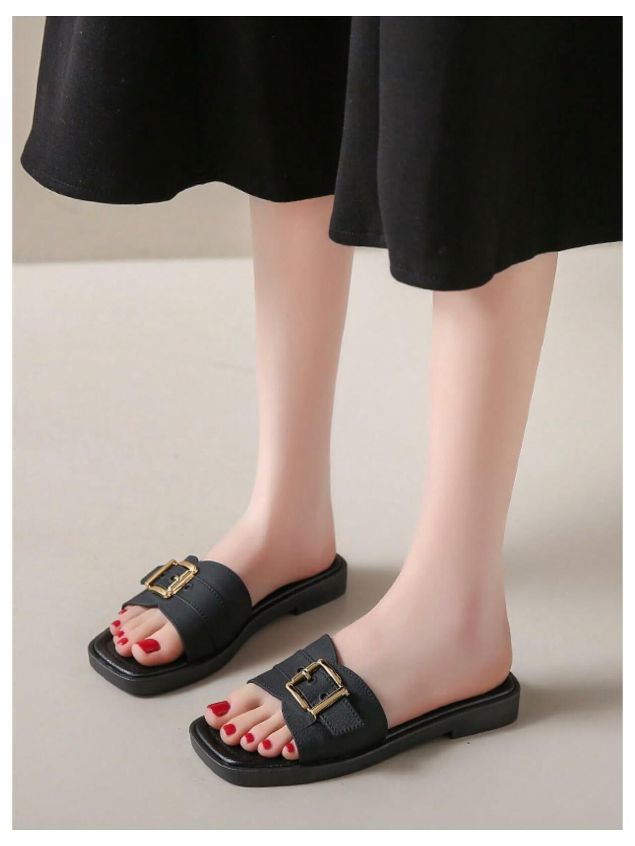 COZYEASE Women’s Slip-On Flat Sandals Square Open Toe Slide Buckle Black 8.5