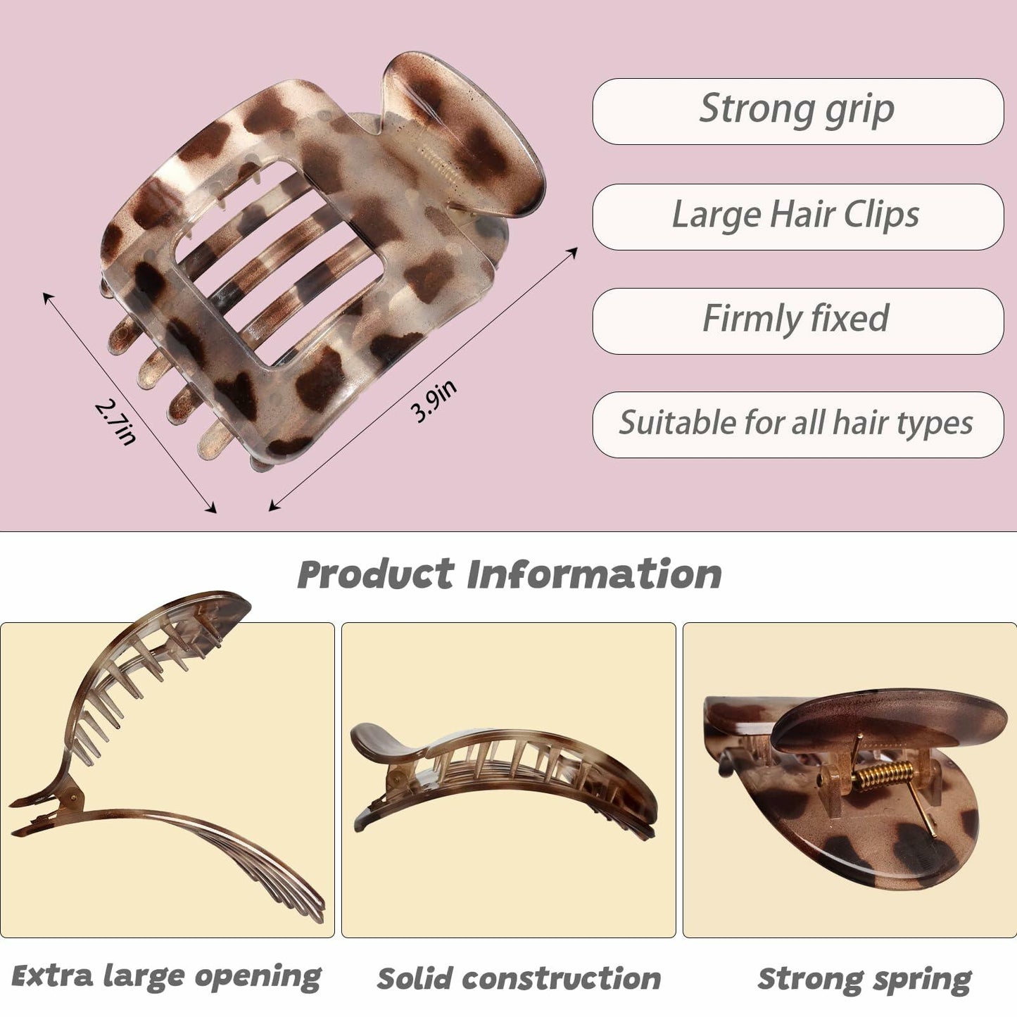 Generic 4Pcs Large Flat Square Leopard Hair Clips Claw Clips Strong Hold