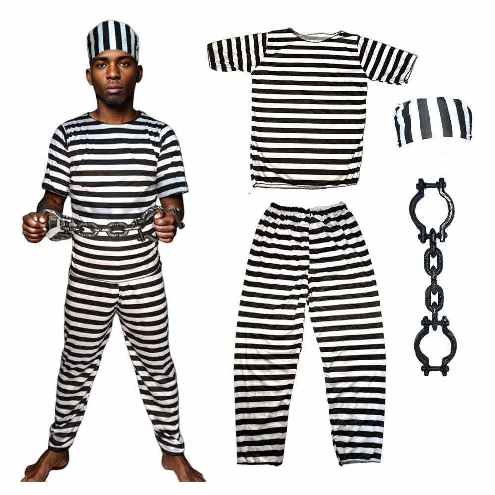 Cossneer Halloween Prisoner Costume Adult Striped Outfit with Chains One Size