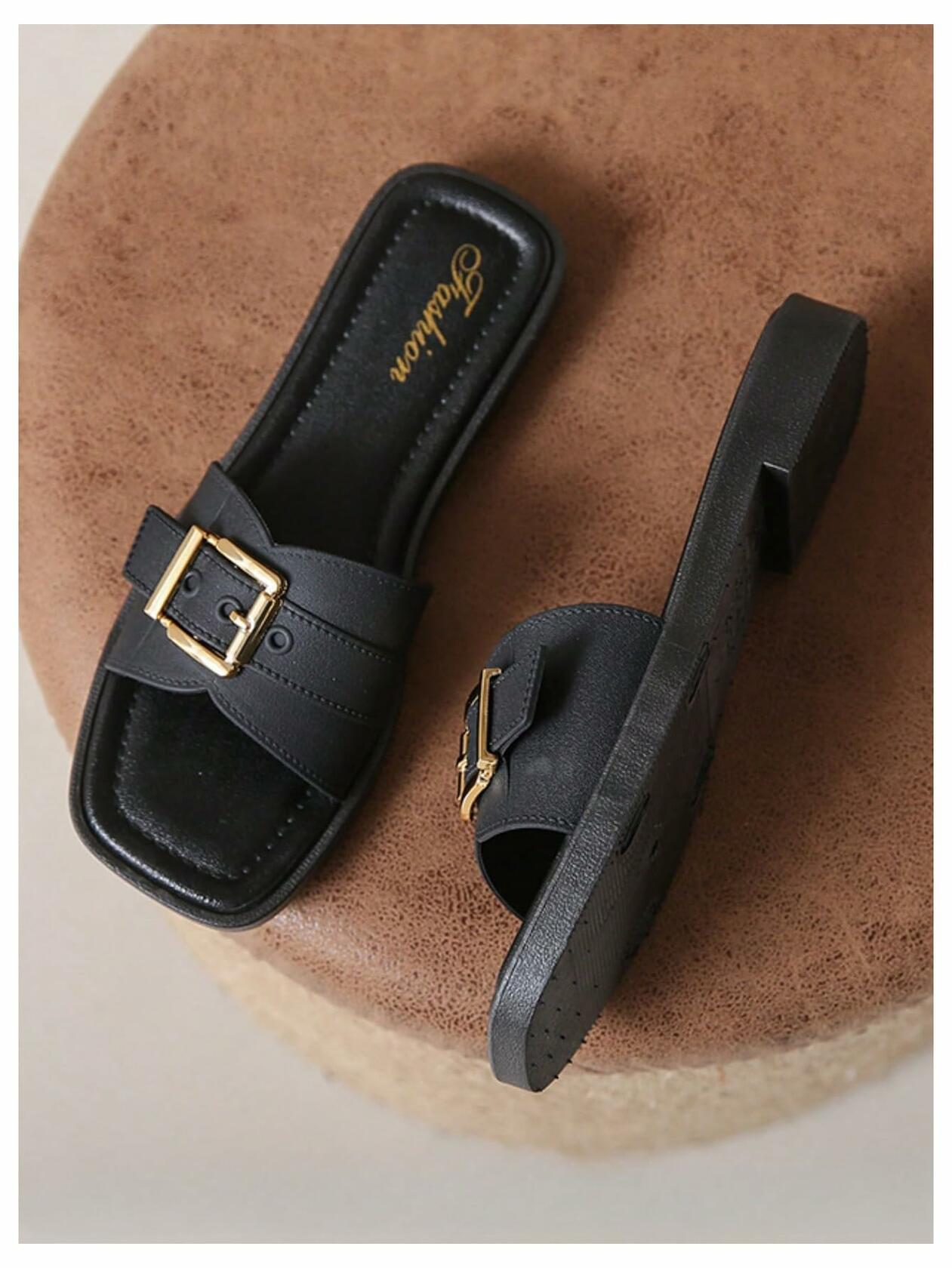 COZYEASE Women’s Slip-On Flat Sandals Square Open Toe Slide Buckle Black 8.5