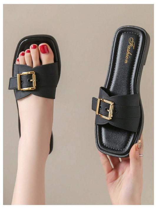 COZYEASE Women’s Slip-On Flat Sandals Square Open Toe Slide Buckle Black 8.5