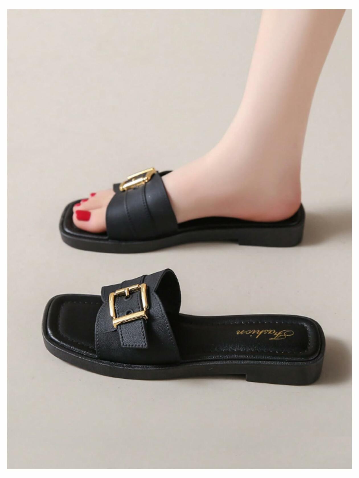 COZYEASE Women’s Slip-On Flat Sandals Square Open Toe Slide Buckle Black 8.5